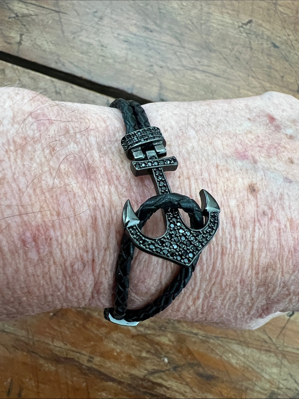 Black Anchor Leather Braided  Bracelet with Black Crystal Stones  - 8”